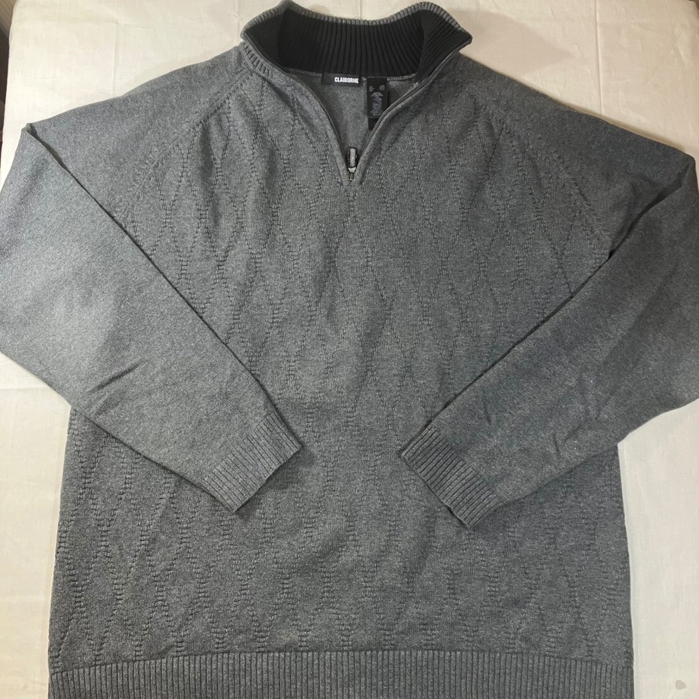 Claiborne Mens XXL Gray 1/4 Zip Pullover Sweater Diamond Textured Cotton Blend